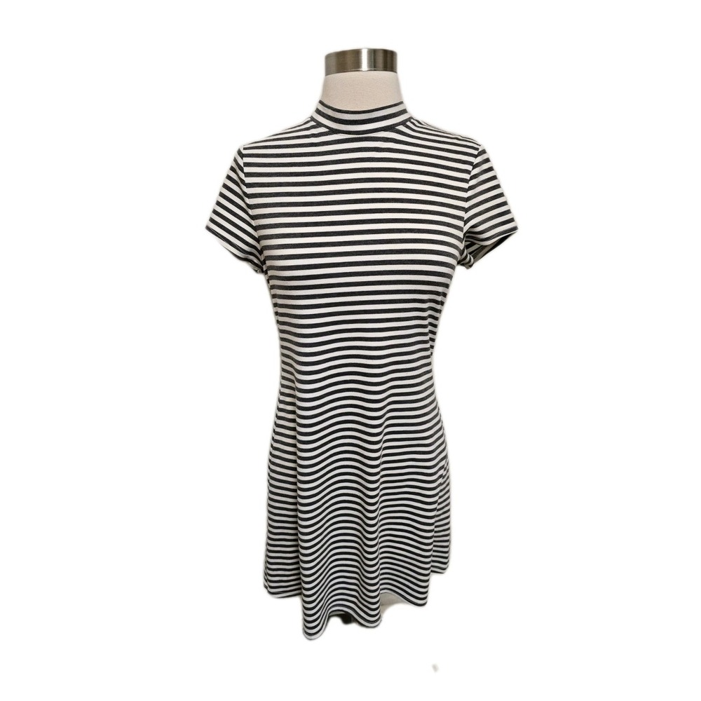 Free People Beach Gray‎ White Mock Neck Striped Short Sleeve Mini Dress Small